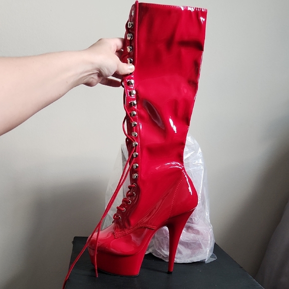 PLEASER Red Lace-Up Knee Boots with 6-Inch Stiletto Heel Sz 8 - Picture 1 of 4